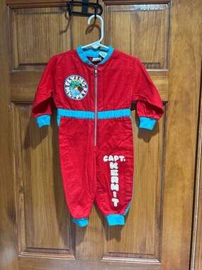 Vintage Muppet Babies Flying Muppets Jumpsuit Captain Kermit Red Zip-Up Romper